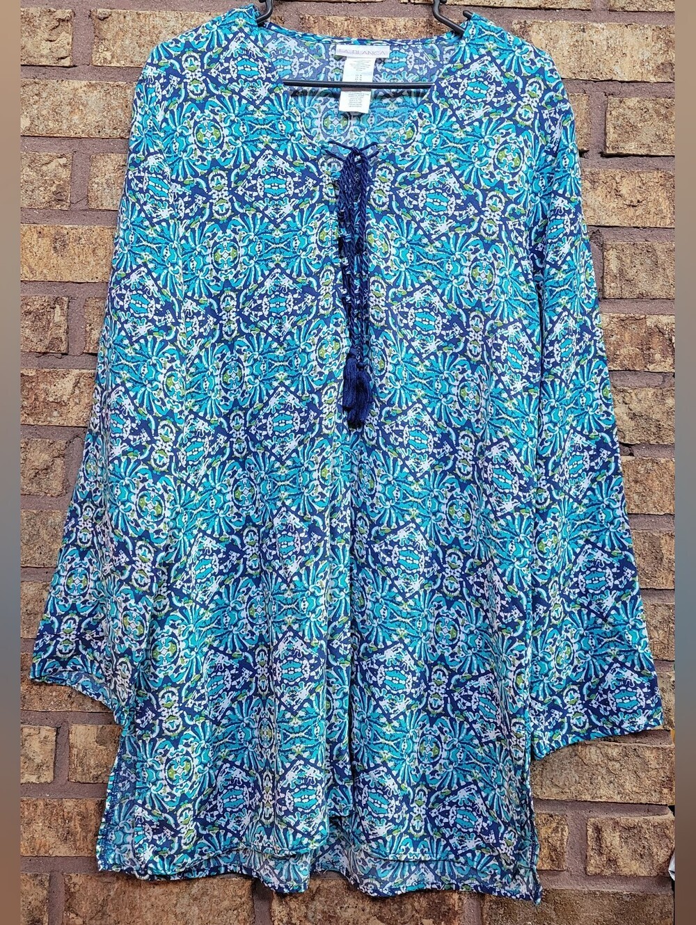 La Blanca Tuvalu Tapa Long-Sleeve Tassel Tunic Coverup Size Medium Viscose